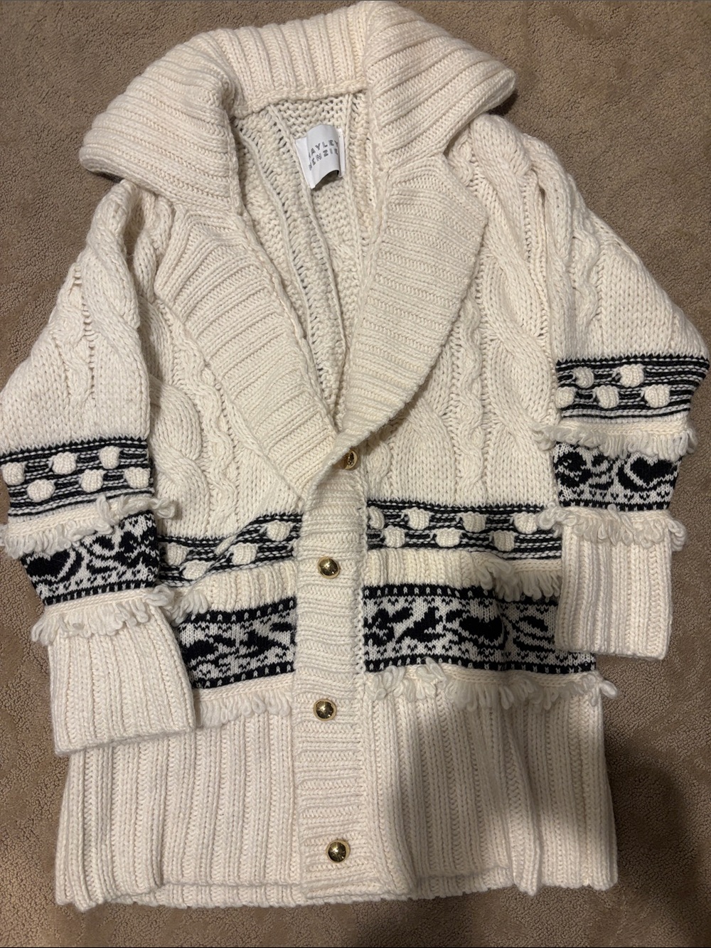 Ivory Cable-Knit Shawl Collar Cardigan with Black Fair Isle Accents